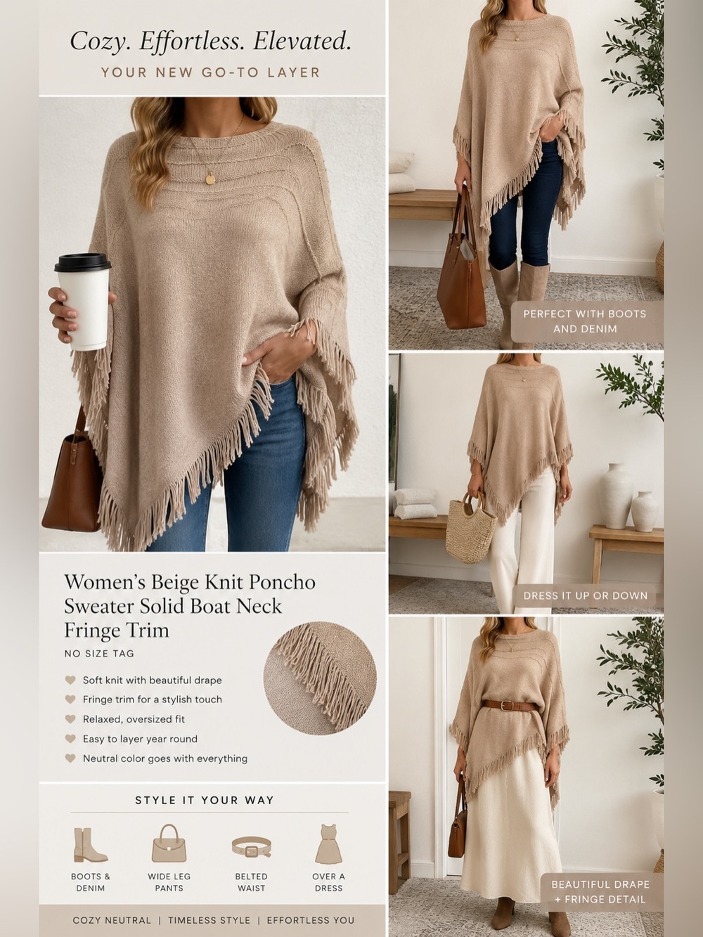 Soft Blush Fringe Poncho Sweater Oversized Knit Boho Cozy Wrap No Size Tag